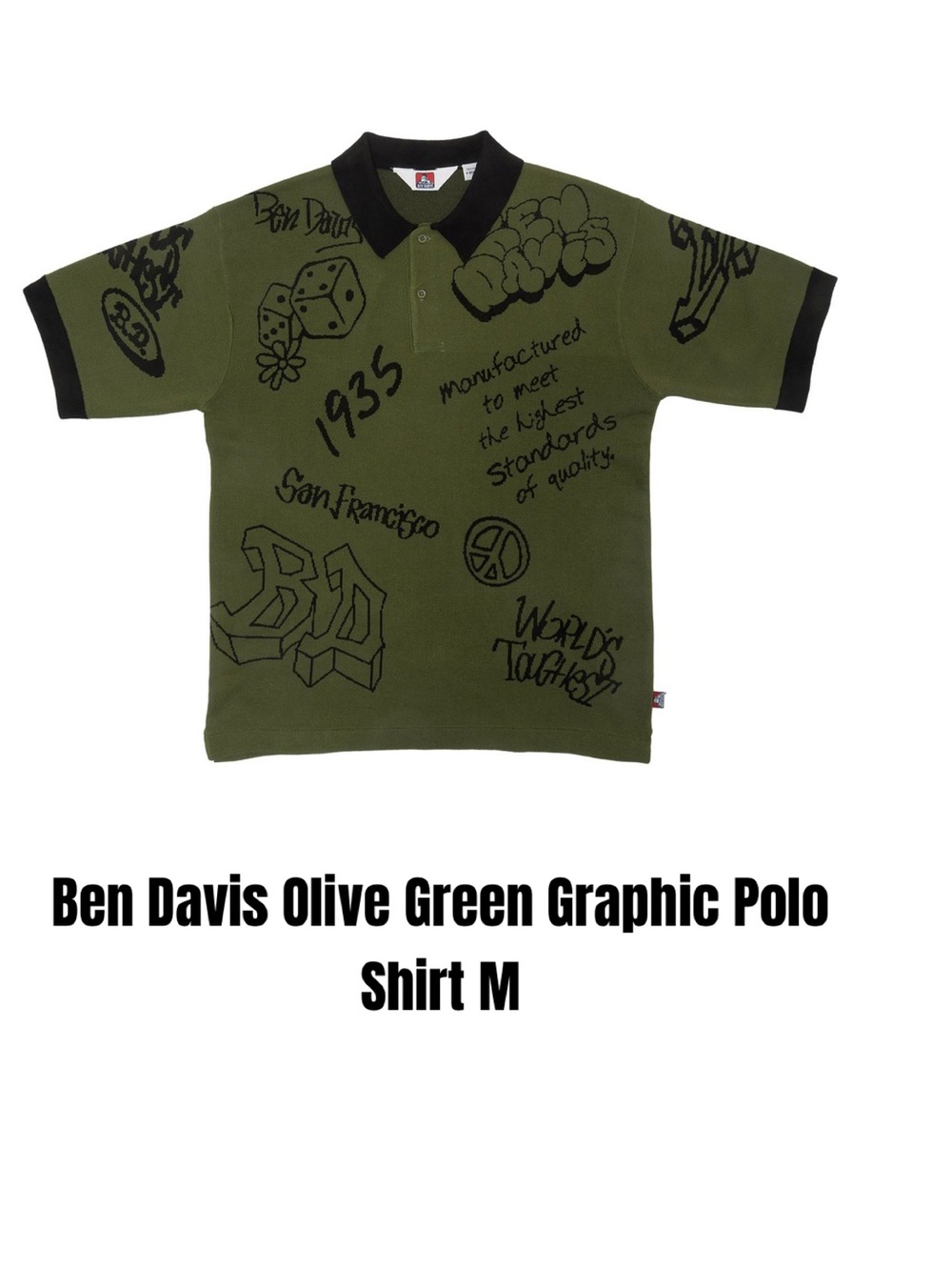 Ben Davis Olive Green Graphic Polo Shirt Size M